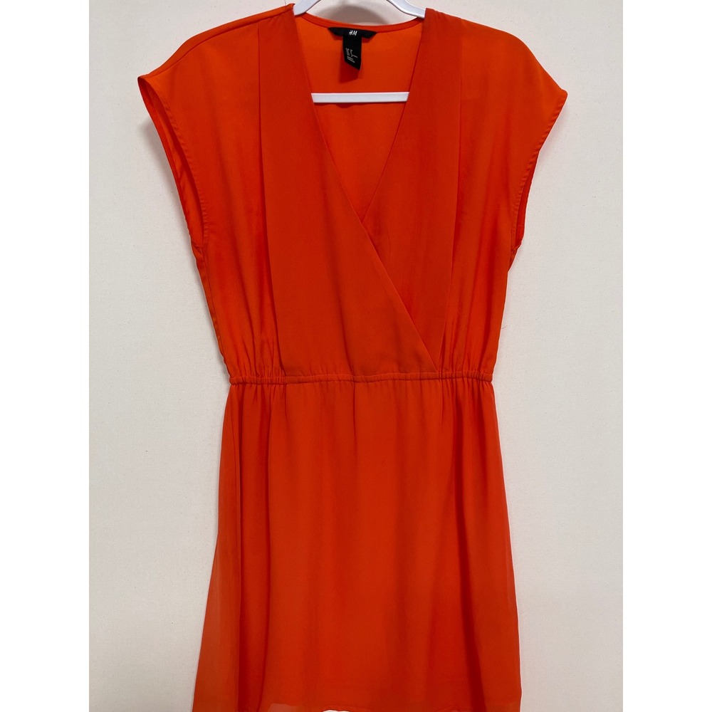 HM Orange Sleeveless Faux Wrap V-Neck Elastic Waist Mini Dress Size 8